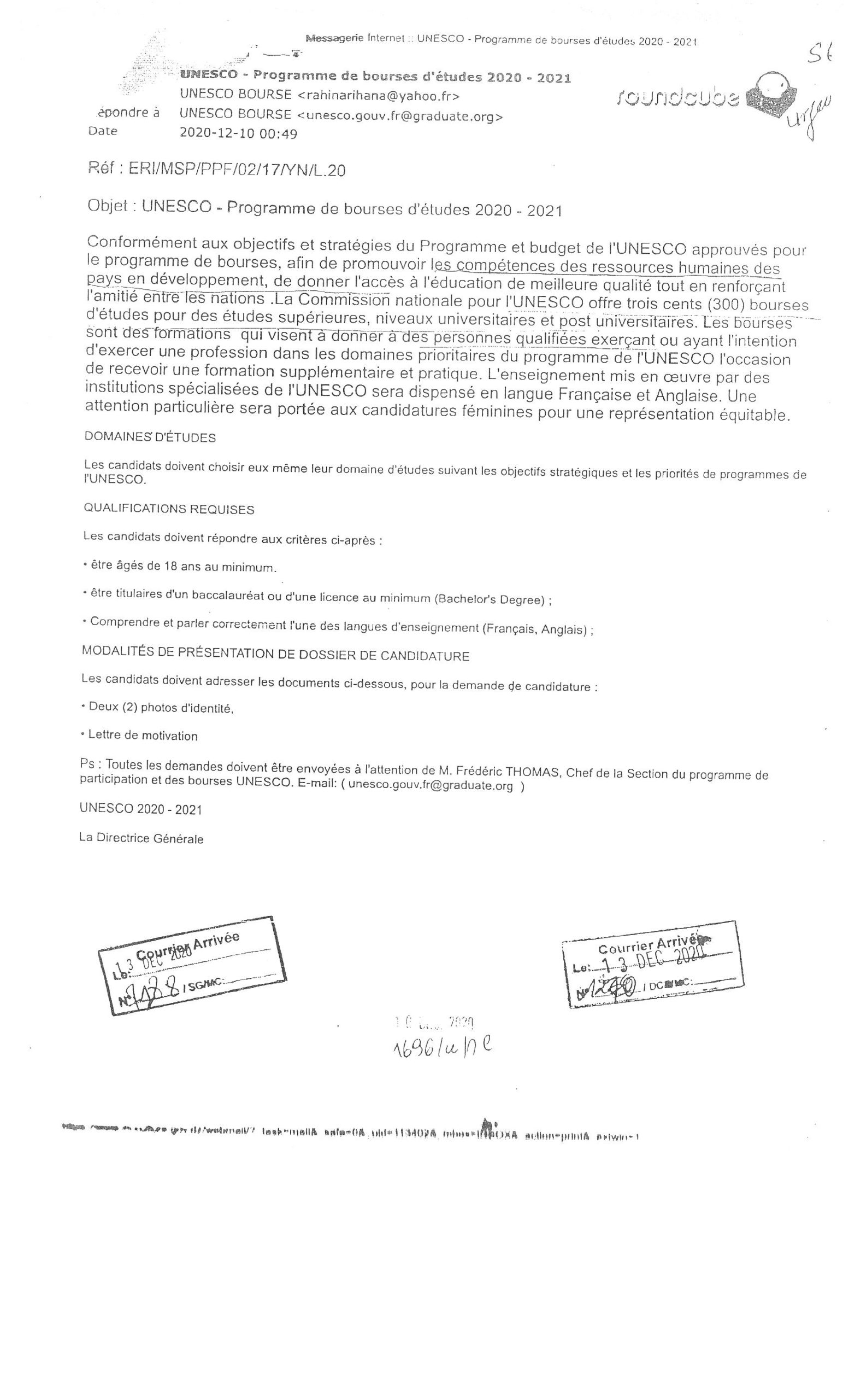 Unesco  Programme  de  bourses  d’études 2020-2021